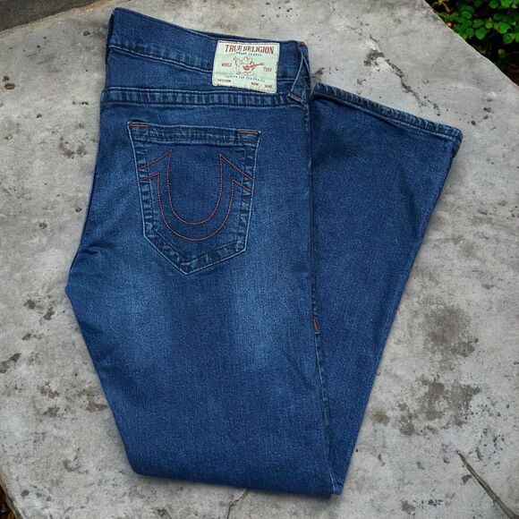 True Religion Relaxed Straight Leg Ricky Dark Denim Blue Jeans Mens Size 38 x 32